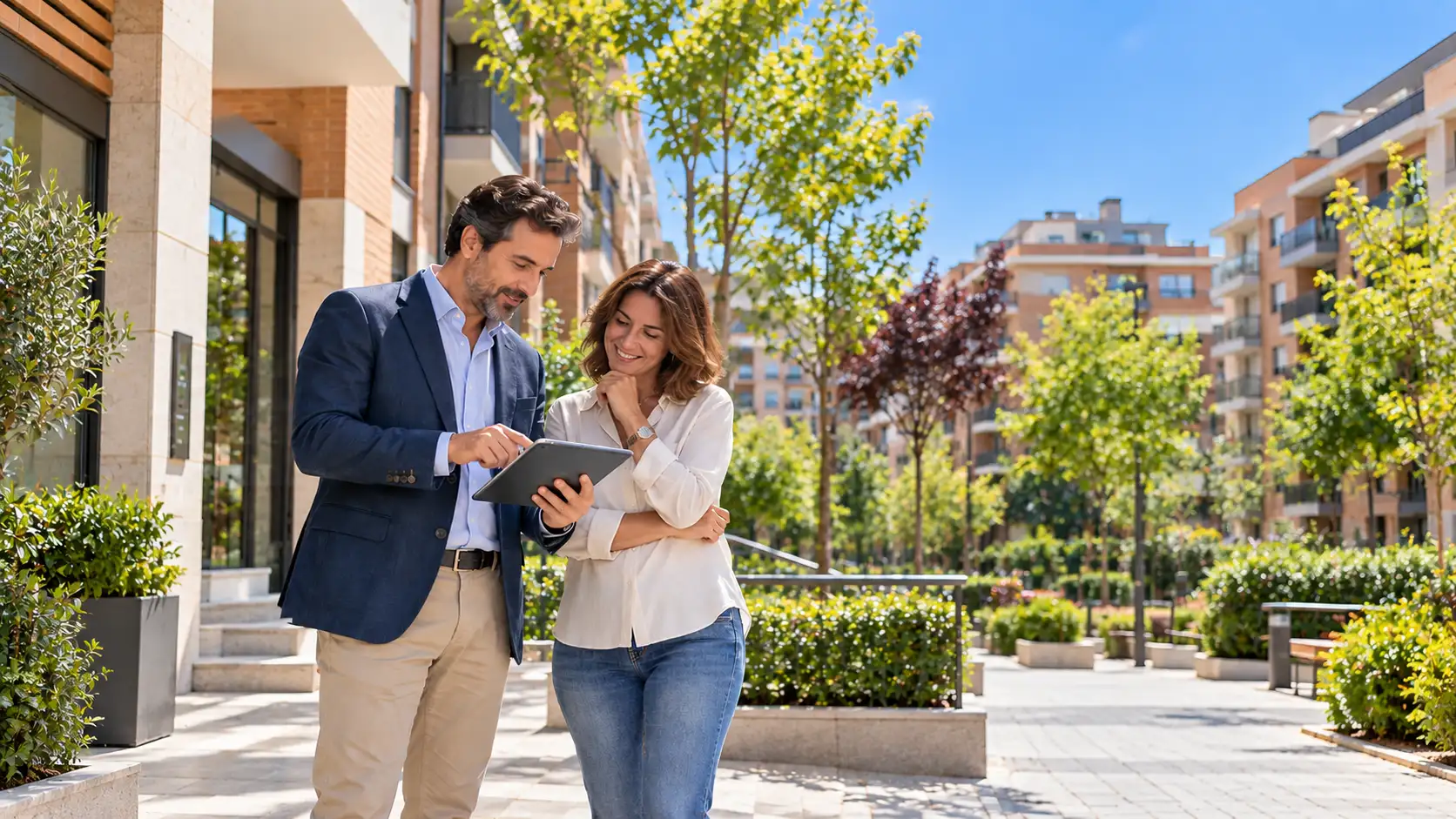 Administrador de fincas en Vallecas atendiendo a una propietaria en una comunidad residencial