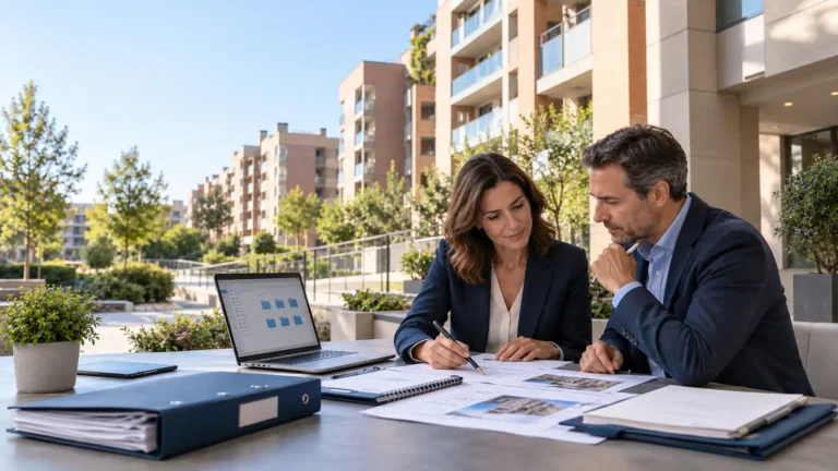 Profesionales de administración de fincas revisando documentación y archivo digital de una comunidad de propietarios en Madrid