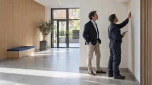 Administrador de fincas y técnico inspeccionando humedades en una comunidad de propietarios de Madrid