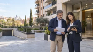 Administradora de fincas y presidente de comunidad revisando incidencias y actuaciones en una comunidad residencial de Madrid