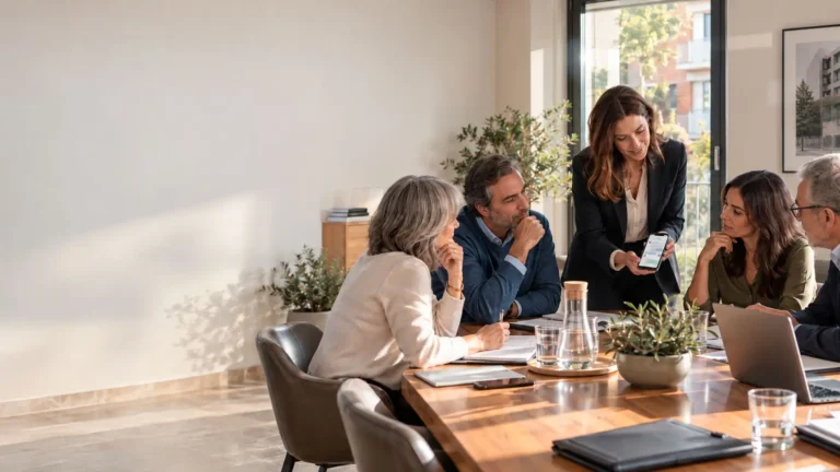 Administradora de fincas mostrando un smartphone durante una reunión de comunidad de propietarios en Madrid