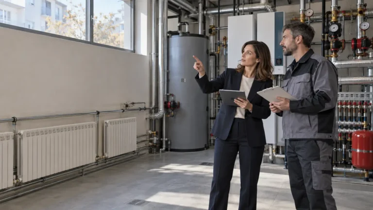 Administradora de fincas y técnico de mantenimiento haciendo comprobaciones antes de encender la calefacción en la instalación de calefacción de una comunidad de propietarios en Madrid
