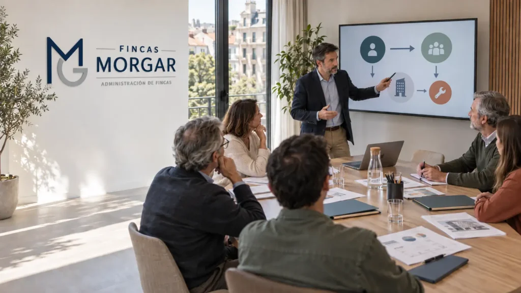 Presidente de comunidad, administrador de fincas y propietarios reunidos en Madrid con el logotipo de Fincas Morgar en la pared