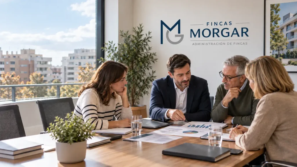 Administrador de fincas y propietarios revisando el presupuesto anual 2027 de una comunidad de propietarios en Madrid con el logotipo de Fincas Morgar