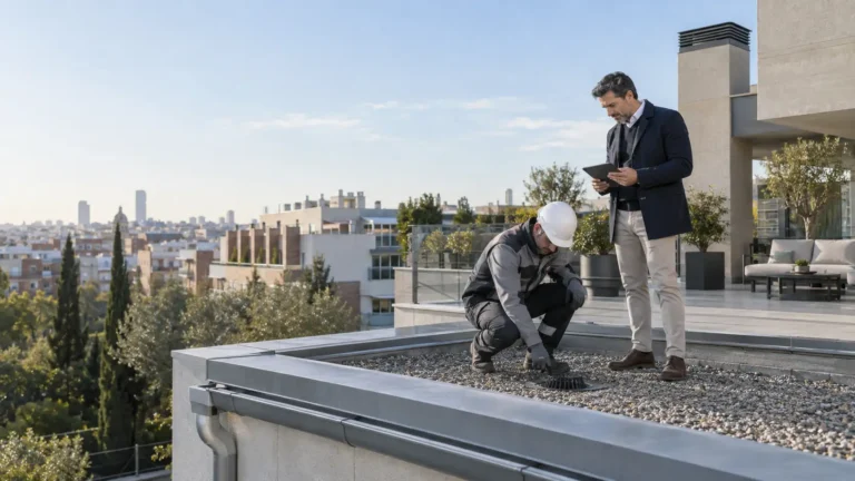 Administrador de fincas y técnico de mantenimiento revisando el mantenimiento de cubiertas en comunidades de propietarios de una comunidad de propietarios en Madrid