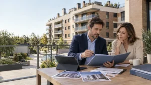 Administrador de fincas y presidenta de comunidad revisando la documentación del seguro de comunidad de propietarios en Madrid